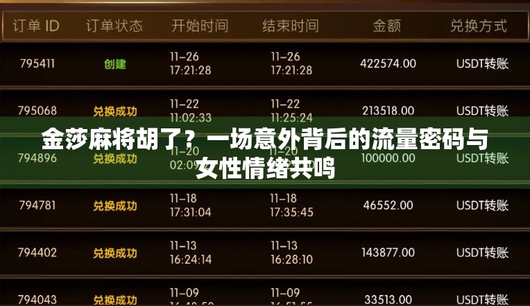 金莎麻将胡了?一场意外背后的流量密码与女性情绪共鸣 金莎麻将胡了?一场意外背后的流量密码与女性情绪共鸣